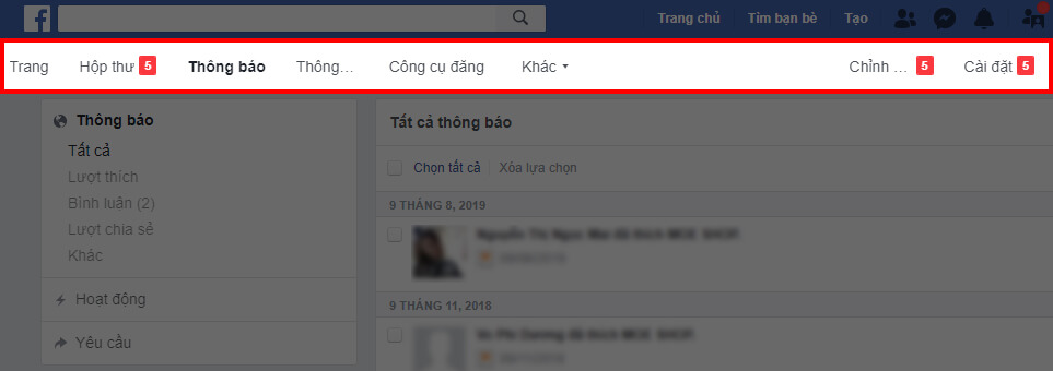 Menu ngang của trang Fanpage được tạo mới 