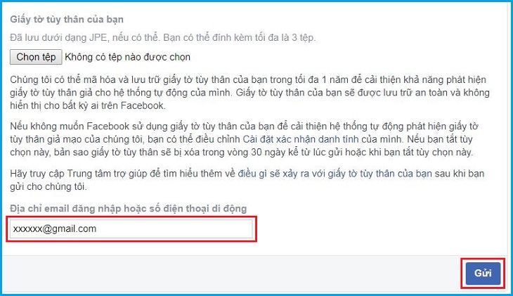 Nhập địa chỉ Email và gửi cho Facebook