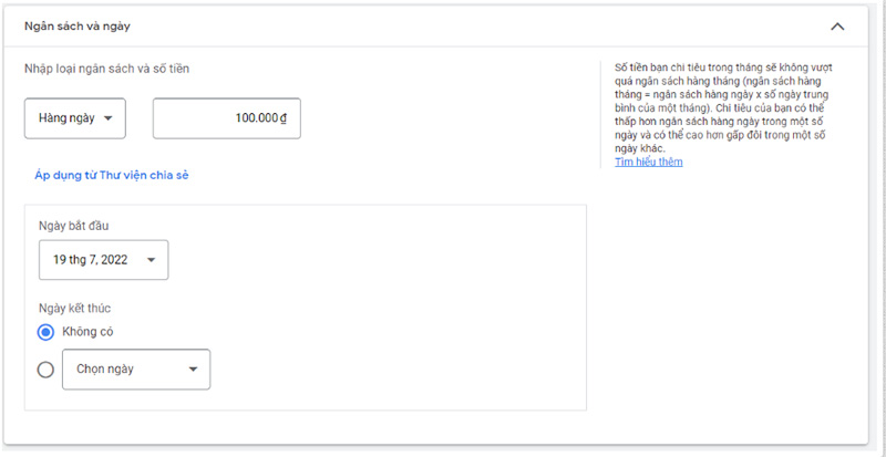 Đặt ngân sách ngày và thời gian triển khai